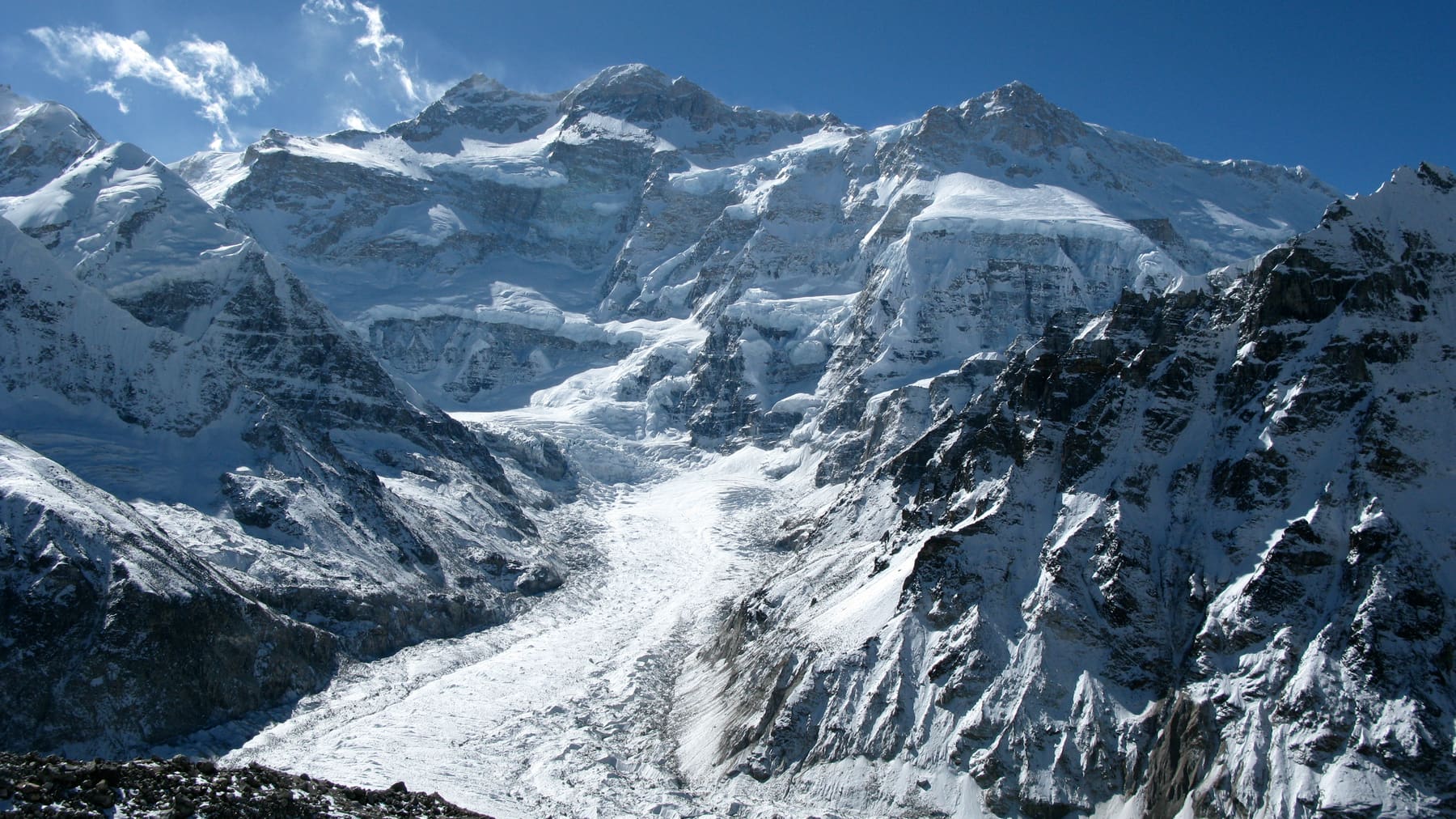 Kanchanjunga's north face and glacier valley, seen from Pangpema — the North Base Camp viewpoint on Day 13.
