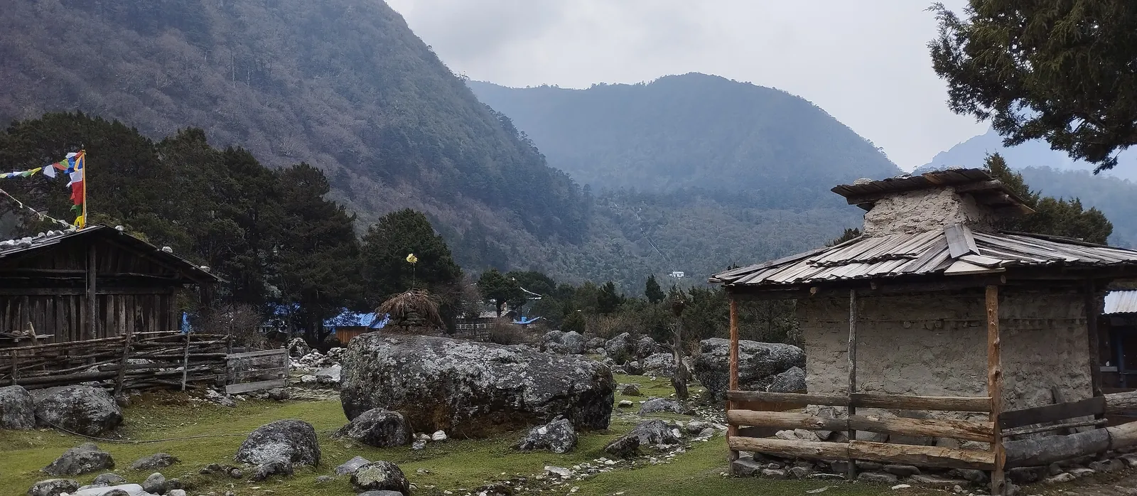Timber Sherpa houses and boulders on the grassy floor of Ghunsa village, prayer flags behind