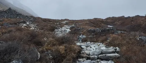 Stream and dry scrub on the moraine slope above Khambachen during the acclimatization hike