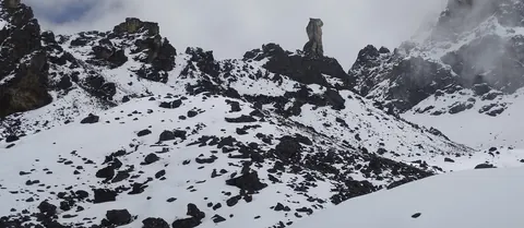 A lone rock pinnacle on a snow-covered ridge on the Sele La crossing