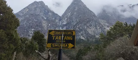Tartang signpost at 3,593m pointing to Chhermalung and back to Ghunsa, granite peaks behind