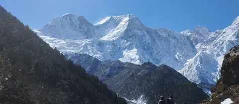 Snow peaks above the forest on the descent from Bimtang