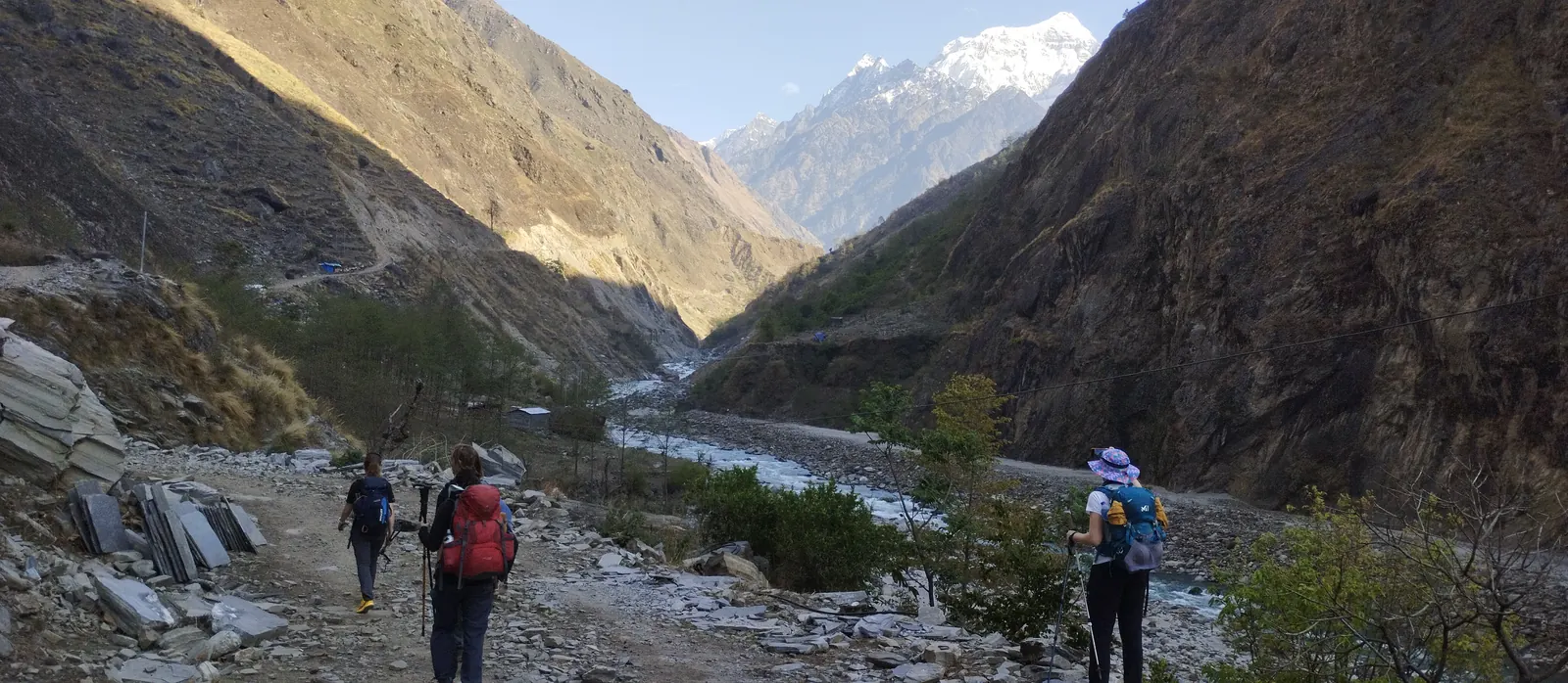 Budhi Gandaki river valley below Jagat with a snow peak at its head
