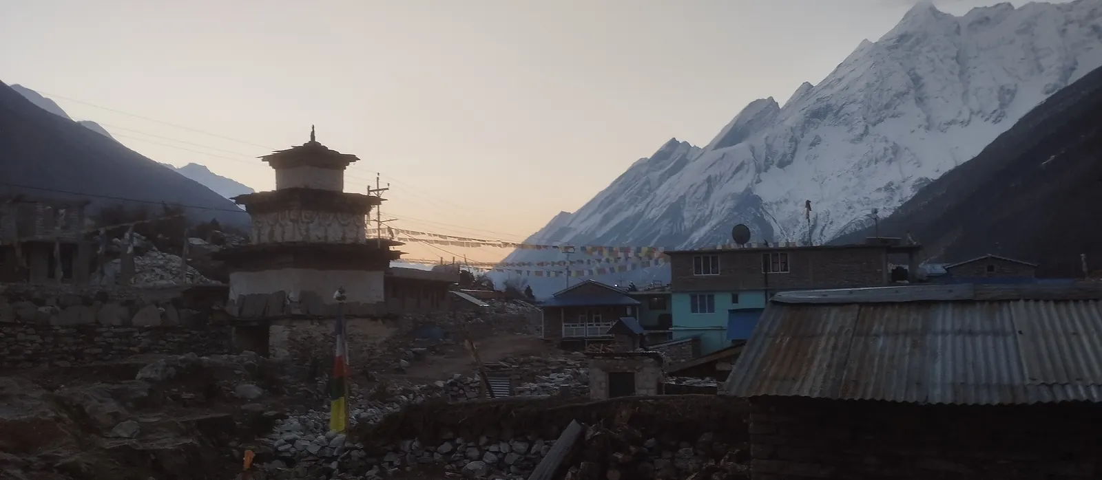Dawn over Samagaon's monastery with Manaslu behind it