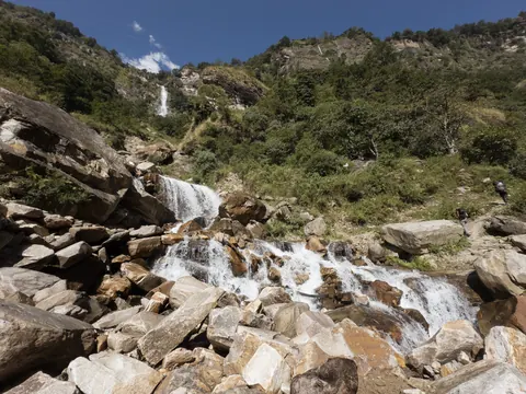 A stream tumbling over pale boulders below a waterfall on the forested slope