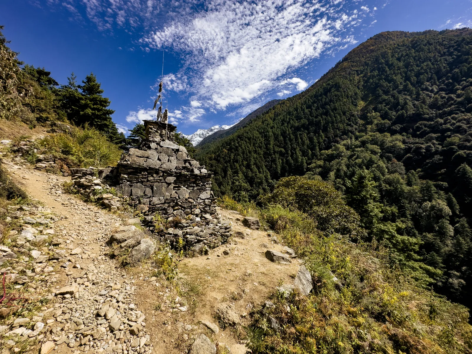 A stone chorten with prayer-flag pole beside the trail on a forested slope