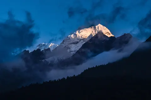 A snow peak catching the last light above cloud and dark forest